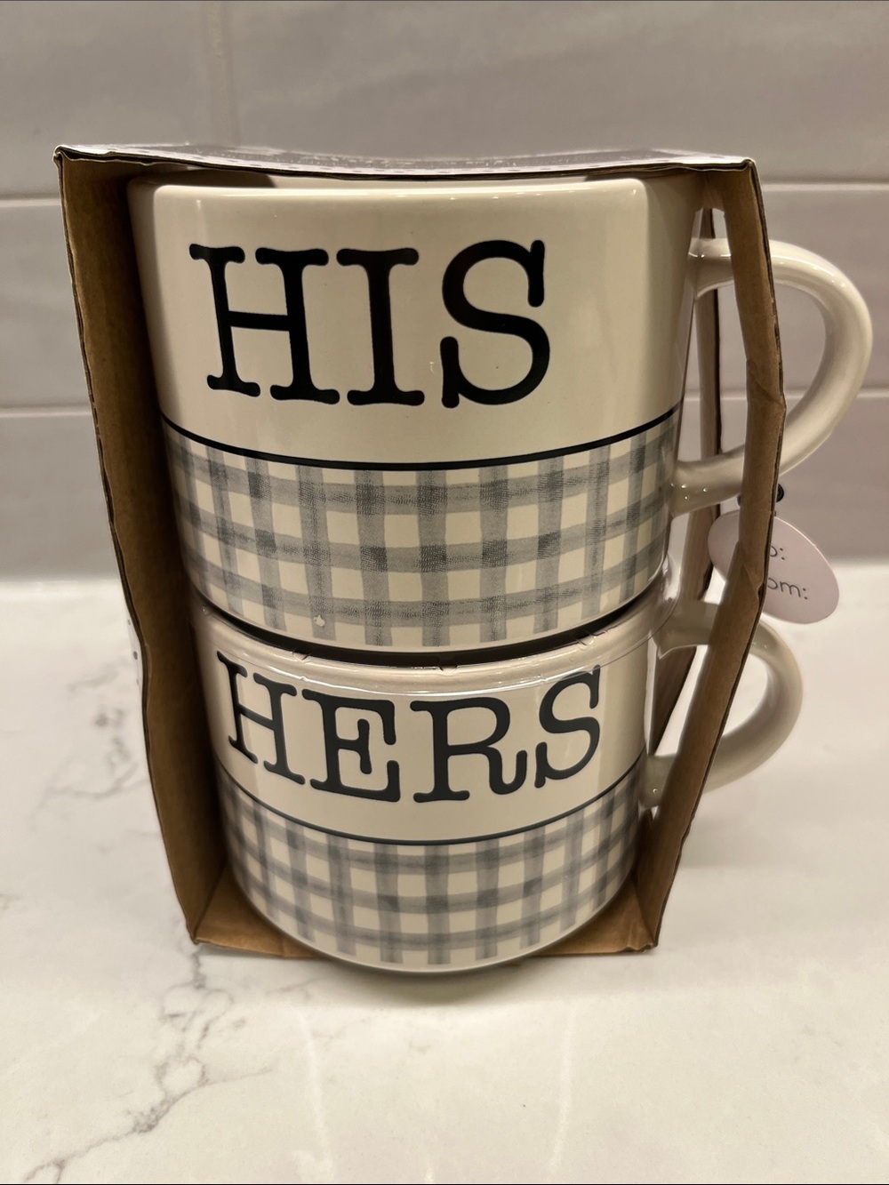 His & Hers Ceramic Mug Set - Cream with Gray Plaid